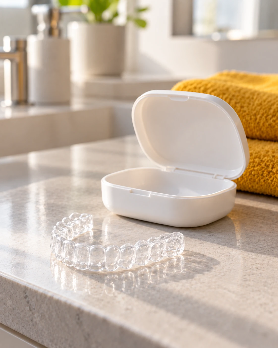 Clear aligner beside its case on a bathroom counter