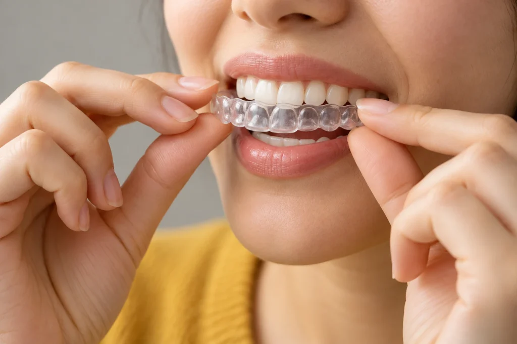 Person placing a clear teeth aligner