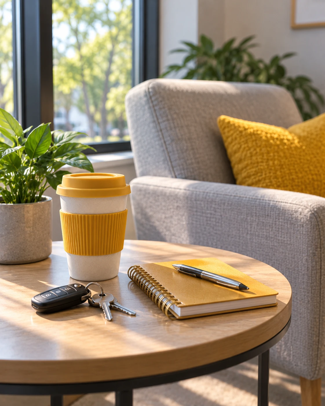Coffee cup, keys and planner on a waiting room table