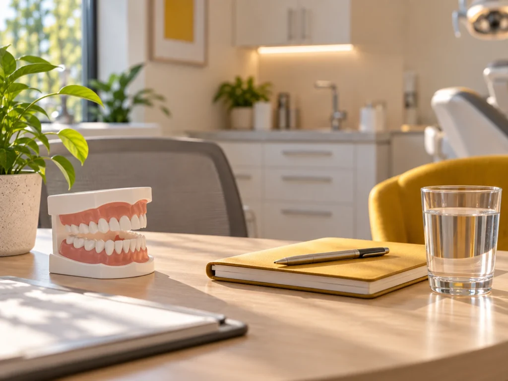 Consultation desk with a tooth model and notebook