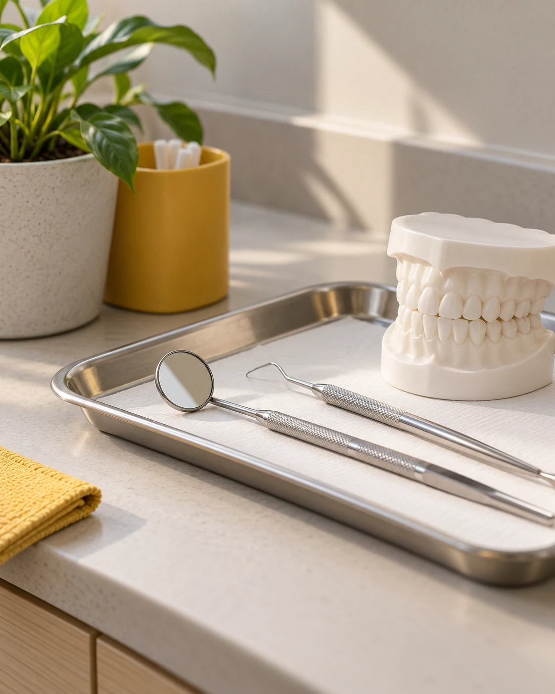 Dental instruments and a tooth model on a clean tray