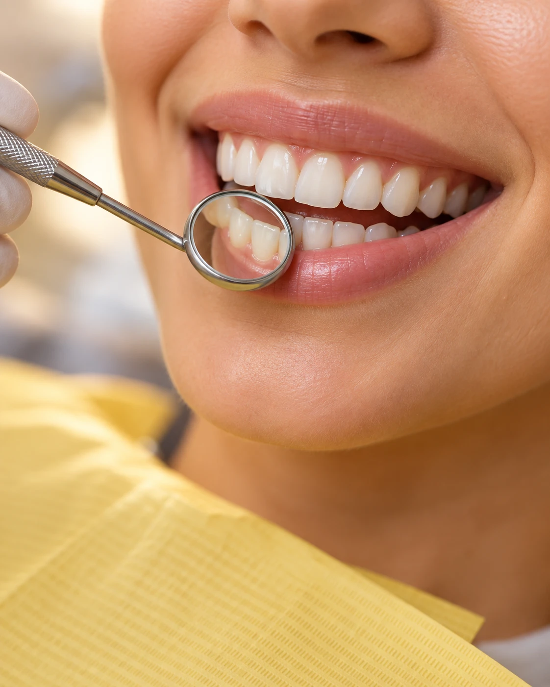 Dental mirror used during a checkup on a healthy smile