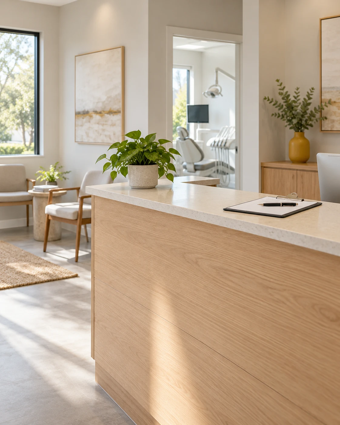 Bright dental reception desk with a clipboard and plant