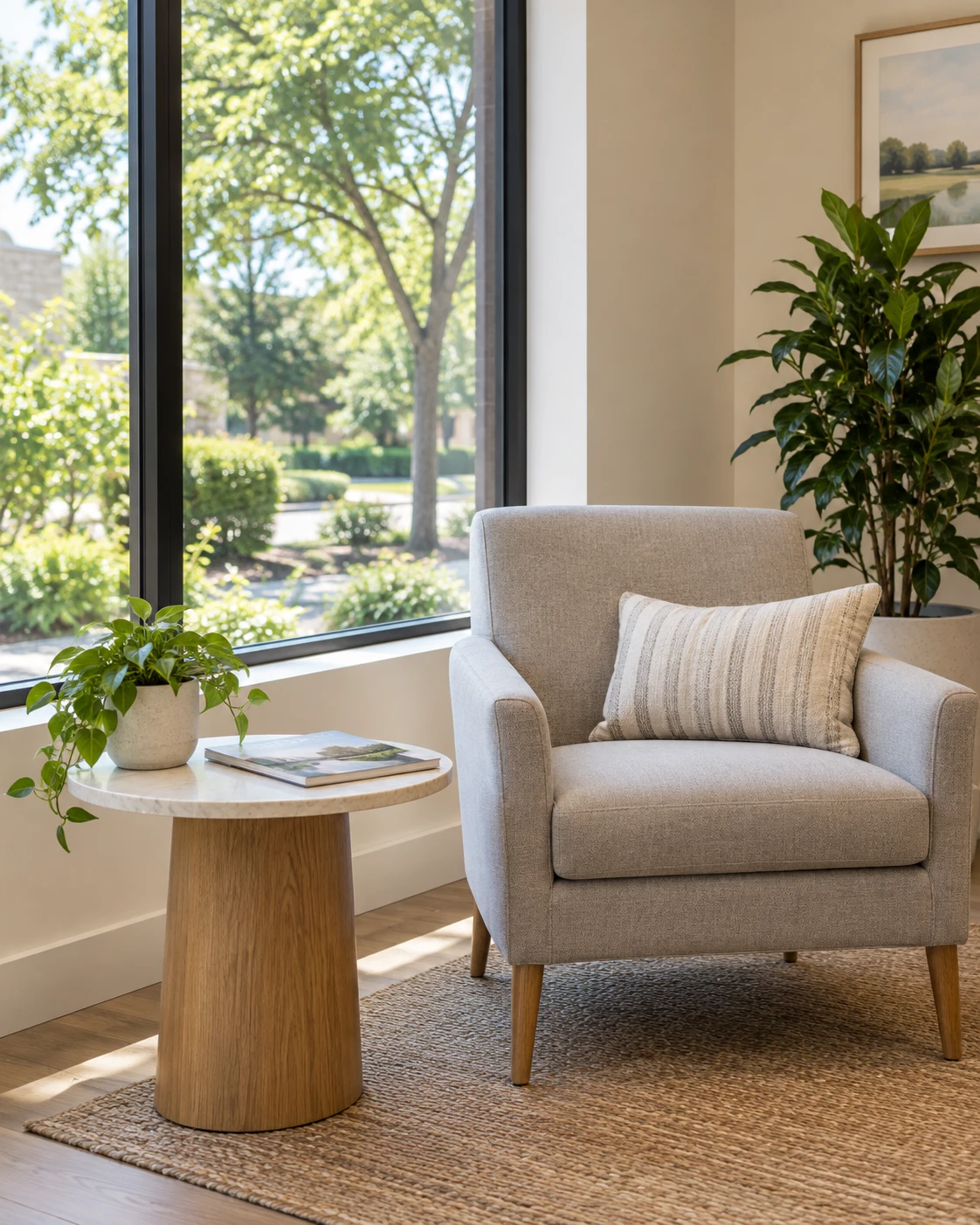 Bright dental waiting area chair by a window