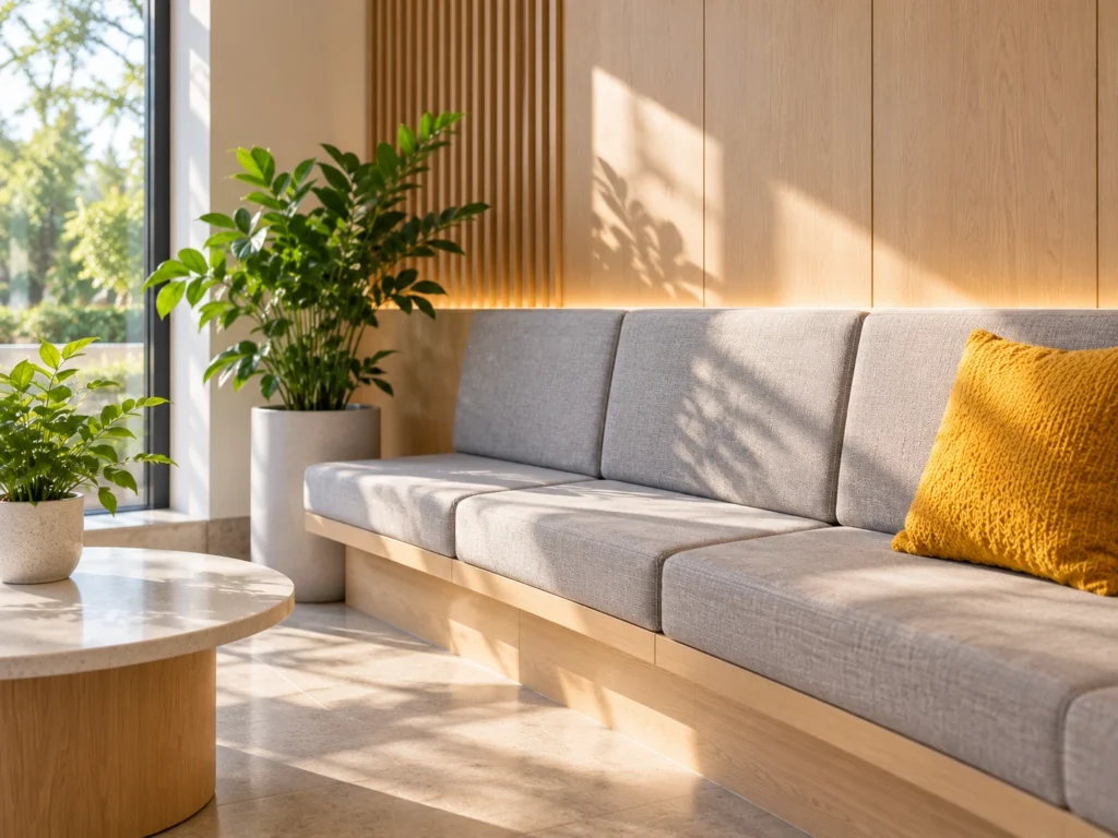 Dental waiting room bench with a plant