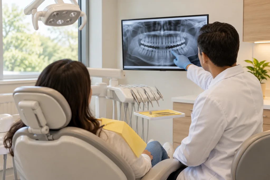 Dentist explaining a dental X-ray on a screen to a patient