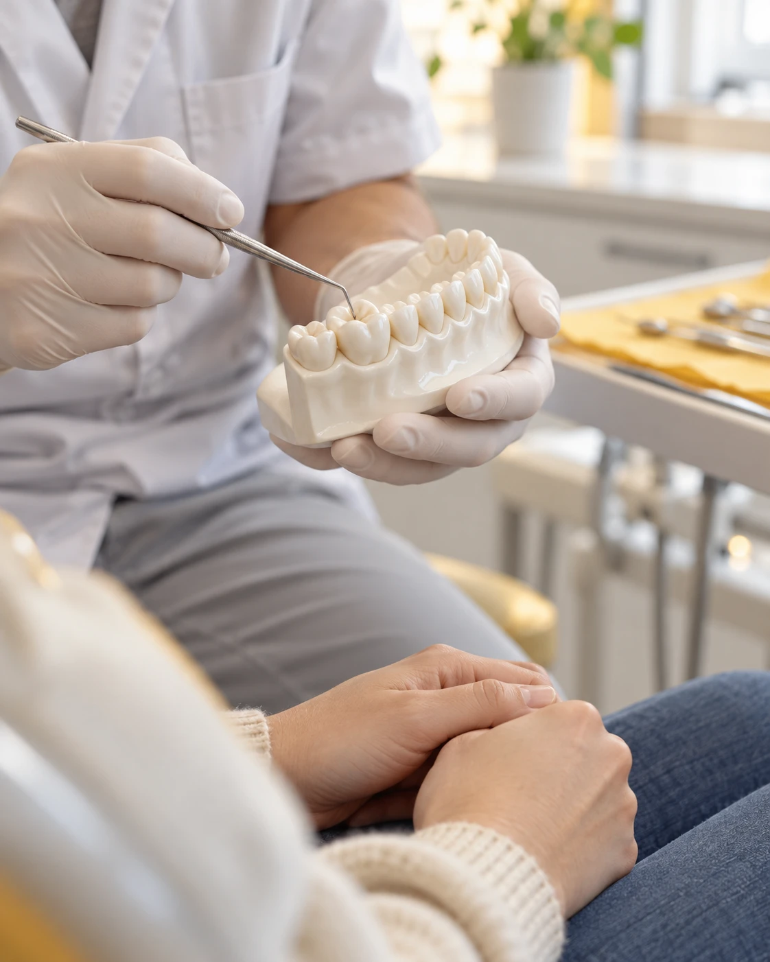 Dentist explaining a tooth model to a patient
