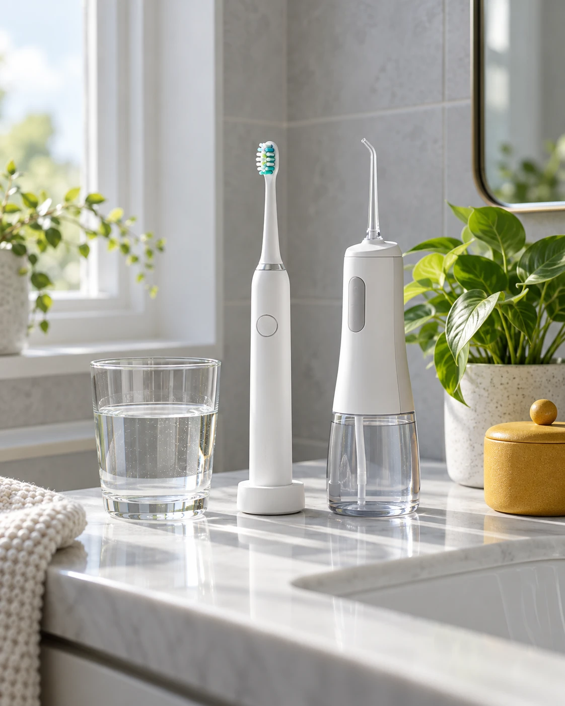 Electric toothbrush and water flosser on a bathroom shelf