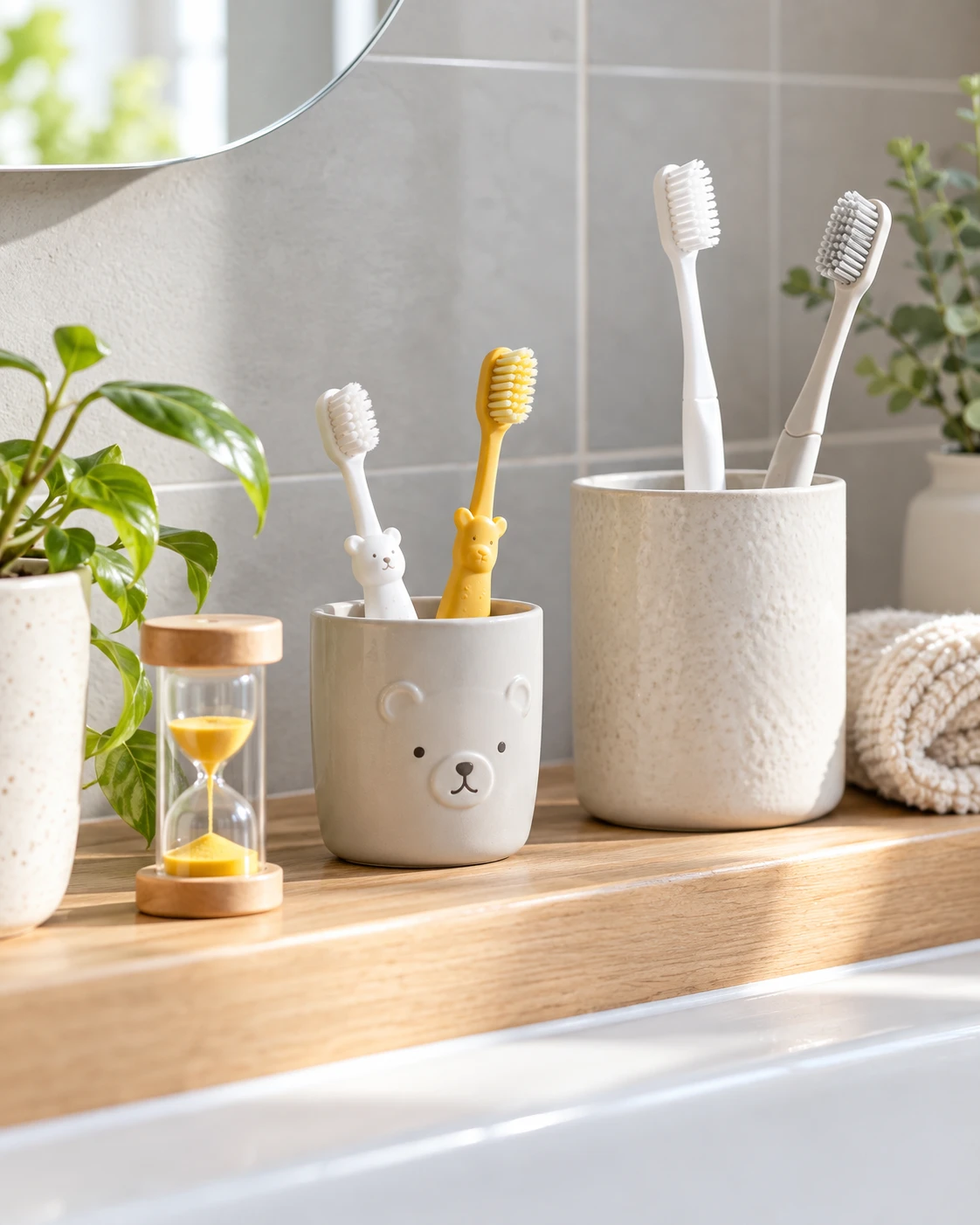 Family toothbrushes and a timer on a bathroom shelf