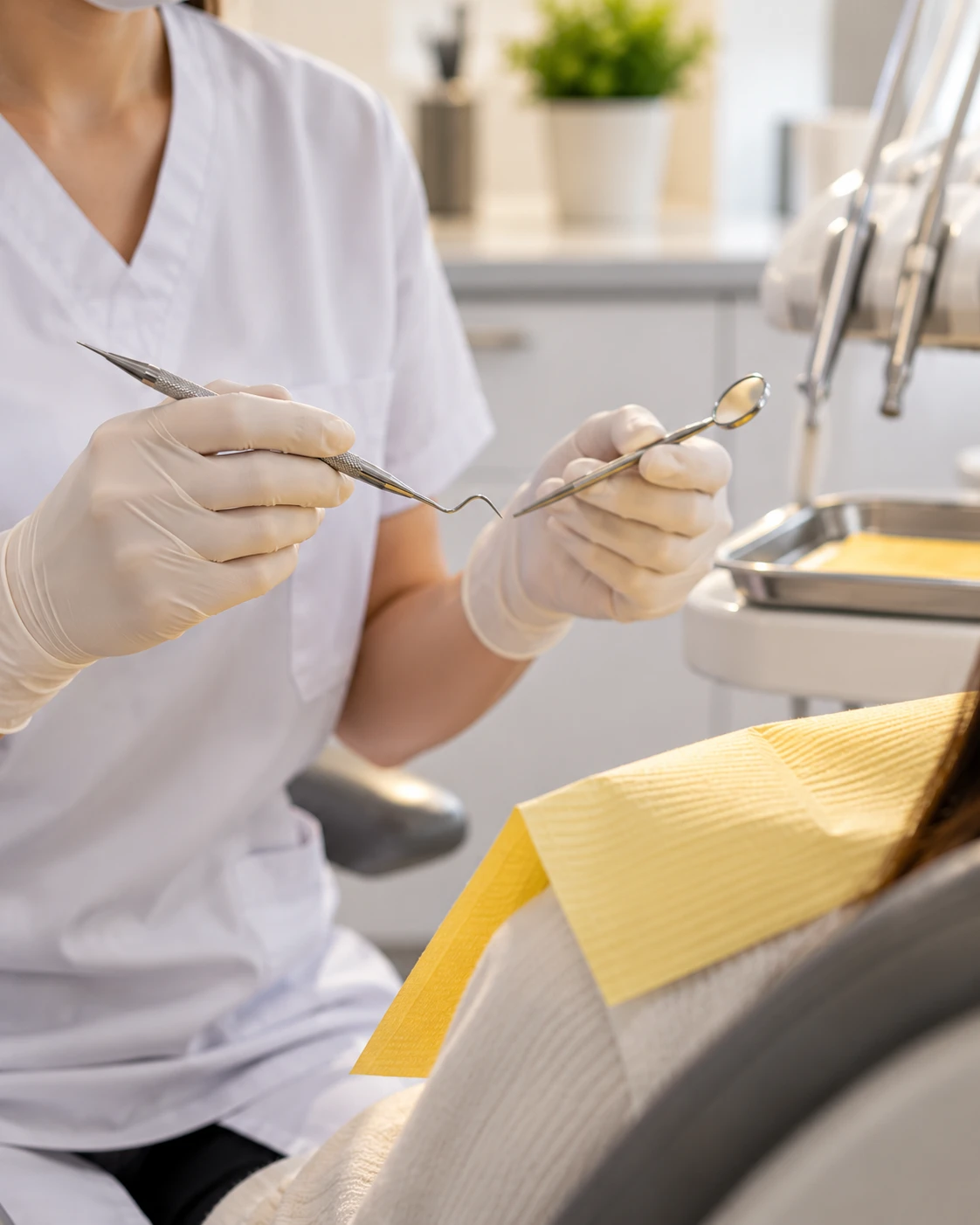 Dental hygienist holding cleaning instruments beside a patient