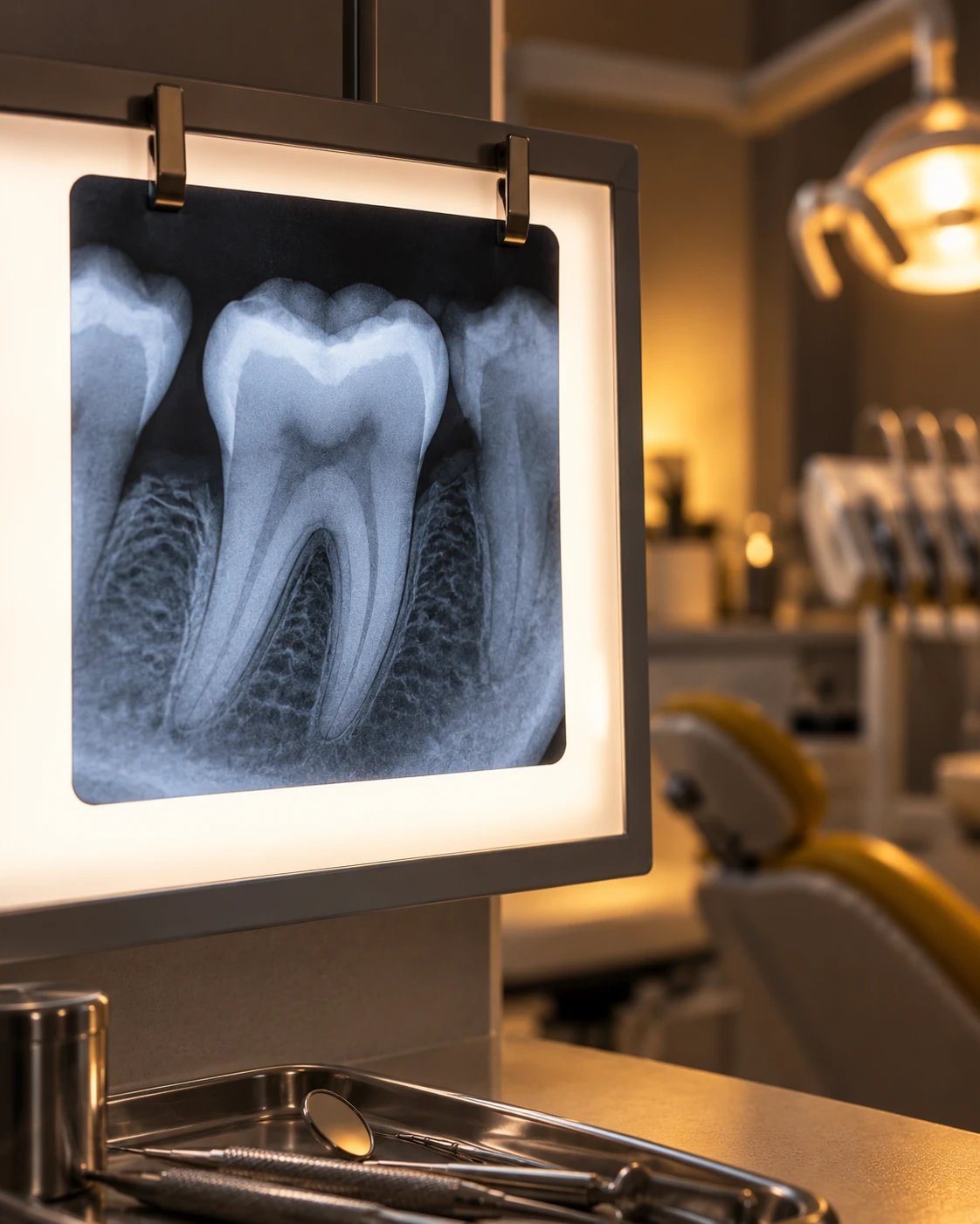Dental X-ray of a molar on a lightbox