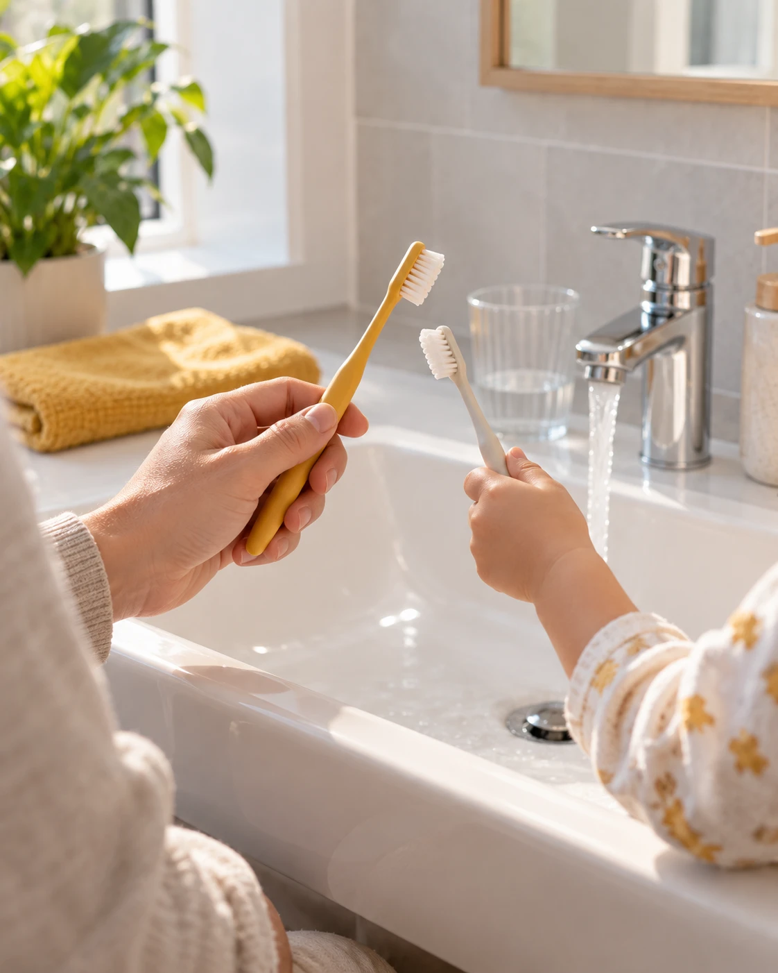 Parent and child holding toothbrushes at a bathroom sink
