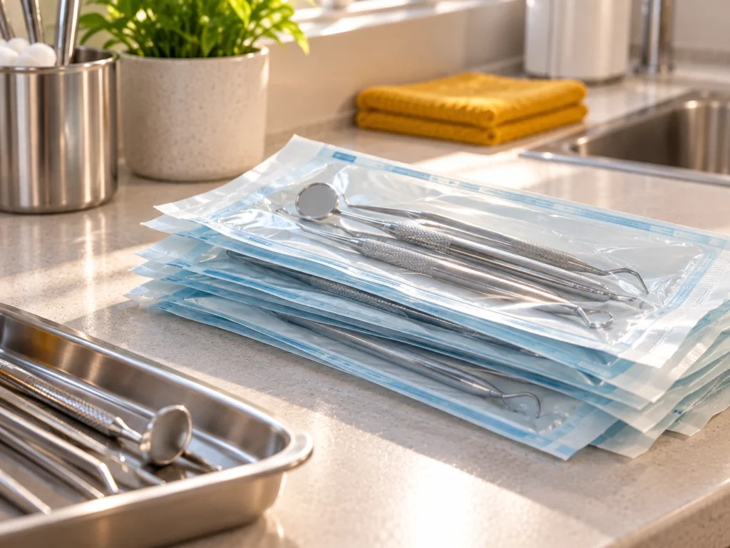 Sealed sterilization pouches with dental instruments