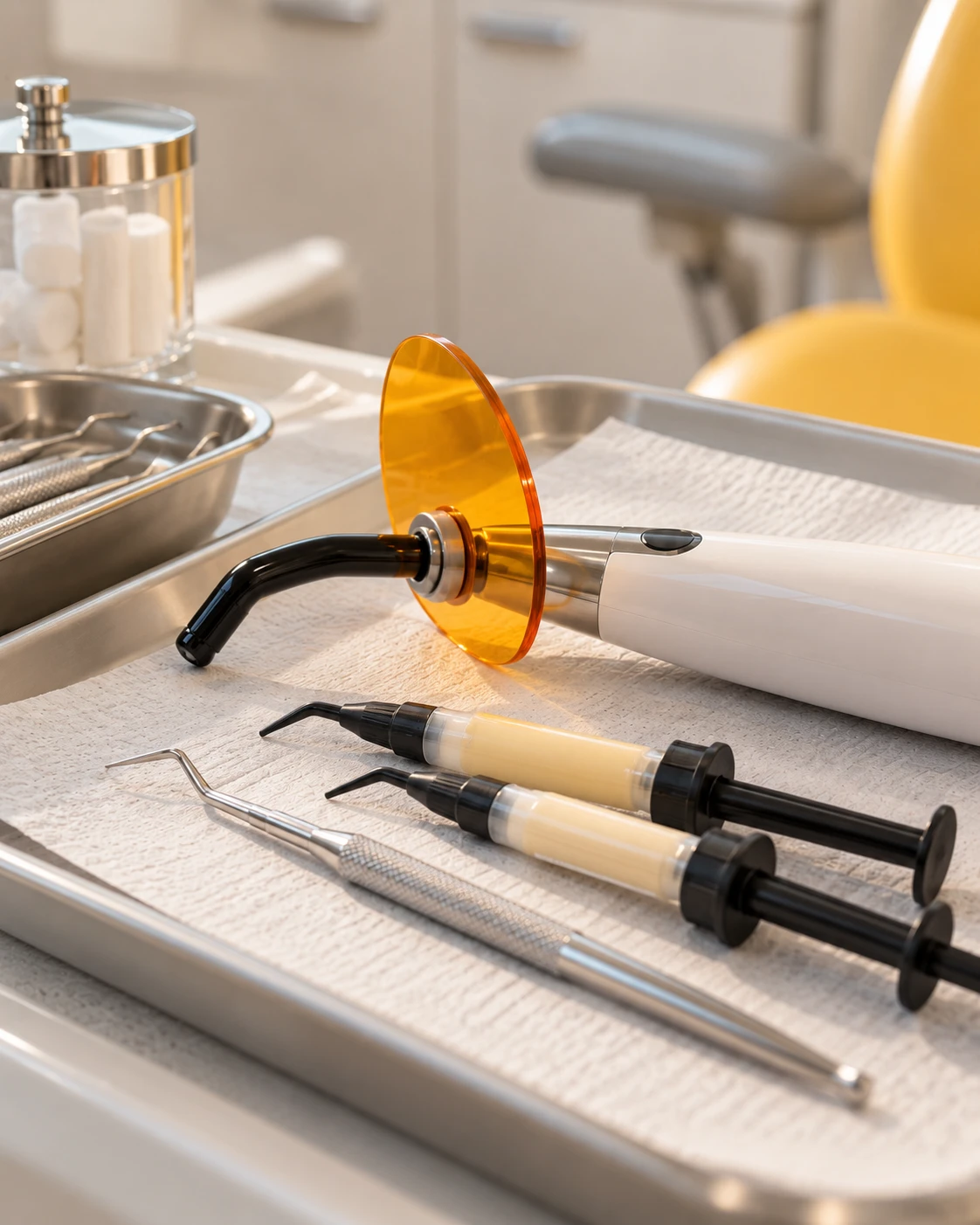 Tooth-colored filling materials and a curing light on a tray