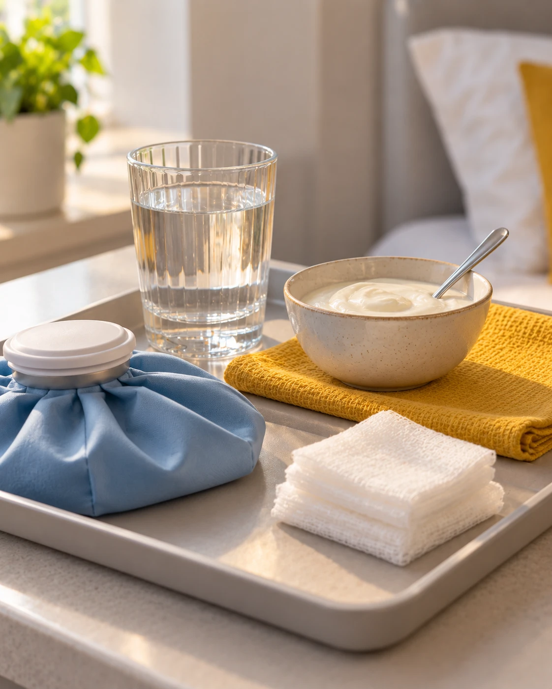 Gauze, cold pack and soft food for recovery after a tooth extraction