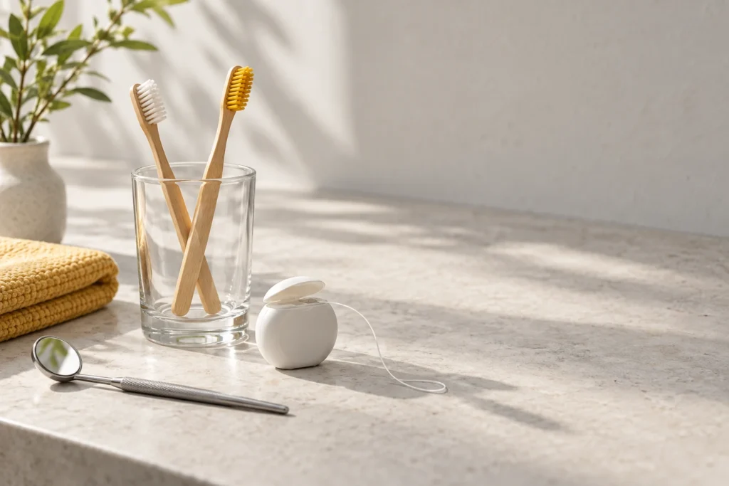 Bamboo toothbrushes and dental floss on a light stone counter