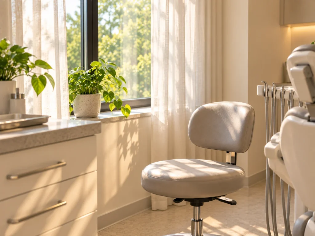 Treatment room window with a dental stool